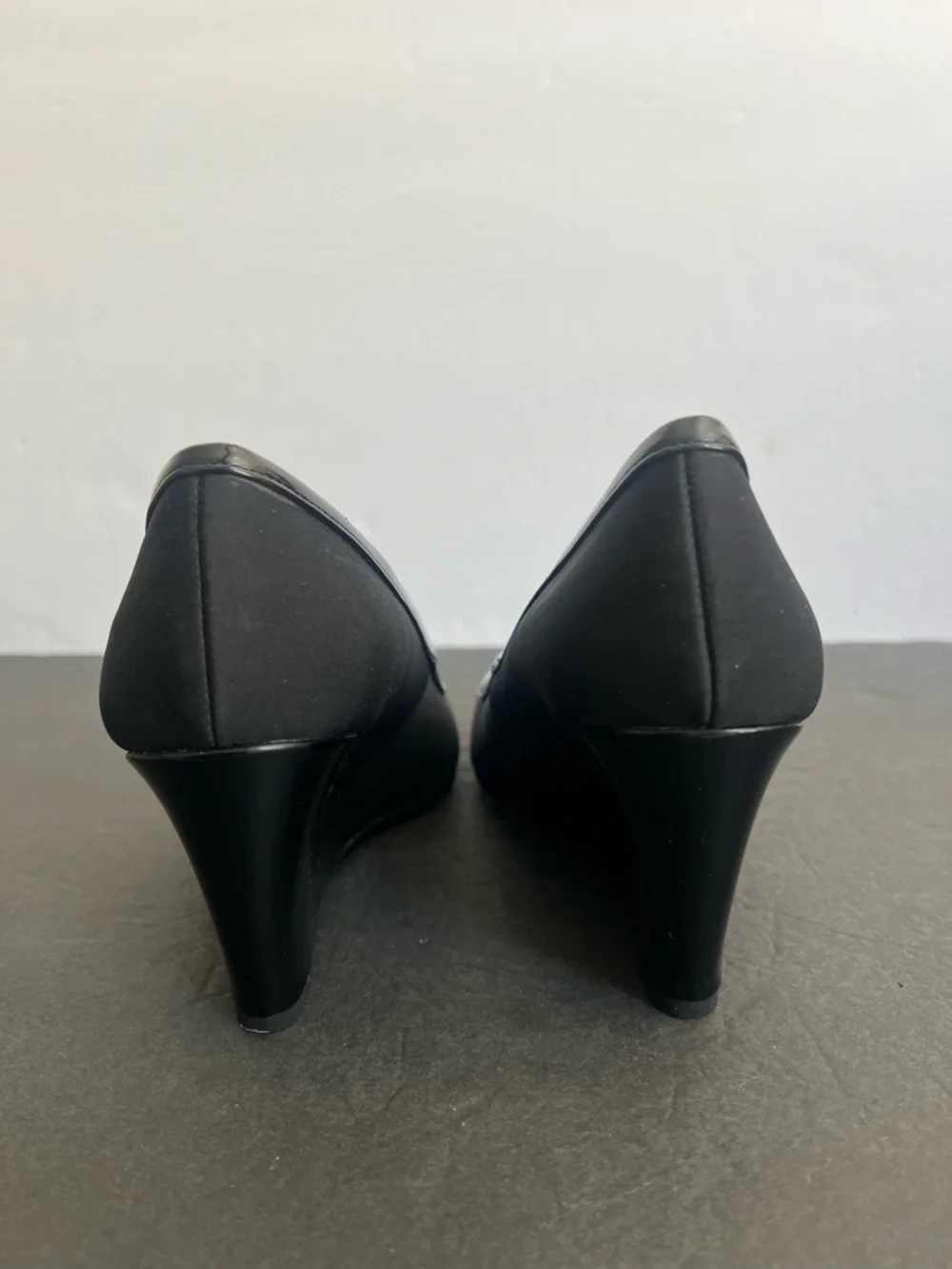 Bandolino Black Satin Peep Toe Wedges, 7.5 - Picture 5 of 7